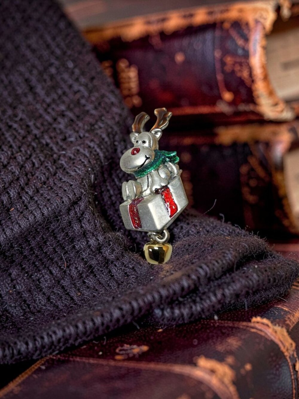 Vintage AJMC Multicolor Enamel Reindeer Setting on a Gift With Gold Bell Brooch